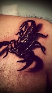 Фото тату реалистичного скорпиона на плече. Детализированный рисунок с проработкой текстуры хитина и теней, создающий эффект объема.