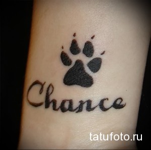 Фото тату отпечатка лапы собаки и надписи 'Chance' на запястье. Черный цвет, минималистичный дизайн, символика любви к животным.