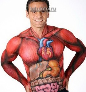 Фото боди-арта: на теле мужчины изображены внутренние органы, такие как сердце, легкие и печень. Реалистичный и детализированный рисунок.