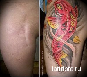 Фото тату кои на бедре. Красный карп с желтыми плавниками, выполненный в японском стиле, покрывает шрам. Детализированный рисунок татуировки.