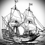 Эскиз татуировки: черно-белый рисунок парусника, сражающегося с волнами, выполненный в старинном стиле.