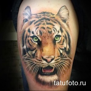 Фото тату портрета тигра на руке. Реалистичный стиль, детализированная проработка шерсти и глаз, зеленые глаза, оранжево-черная цветовая гамма.