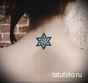 Фото тату: стилизованная звезда с завитками, выполненная в бирюзовом цвете на задней части шеи. Простой и элегантный рисунок татуировки.