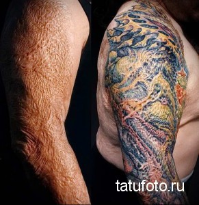 Фото тату: татуировка, замаскирующая ожоги на плече. Яркие цвета, детализированные элементы и эффект объема.