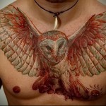 тату красная сова на всю грудь (размах крыльев) - мужская татуировка на грудь