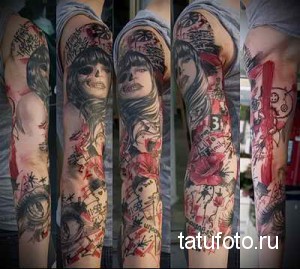 Фото тату на всю руку, изображающее портрет девушки с цветами и абстрактными элементами в ярких красных и черных тонах.