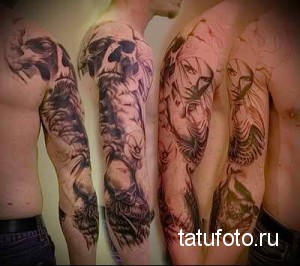 Фото тату: черно-белый рукав с изображением черепа, девушки и роз, выполненный в реалистичном стиле.