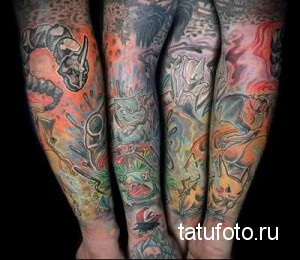 Цветная татуировка на руке, изображающая персонажей Pokemon, таких как Пикачу, Бульбазавр и другие. Яркие цвета, детализированная проработка.