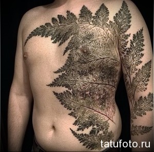 Фото большой татуировки, изображающей ветви папоротника, покрывающей грудь и руку мужчины. Рисунок выполнен в реалистичном стиле.