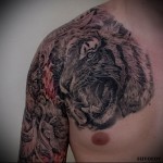 тату реализм - оскал тигра - мужская татуировка на грудь