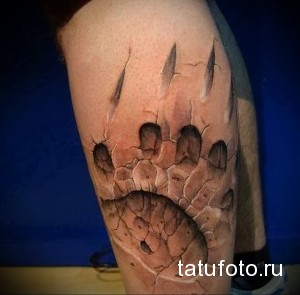 Фото тату реалистичной медвежьей лапы с когтями, словно прорывающей кожу на икре. Детализированный черно-серый рисунок.