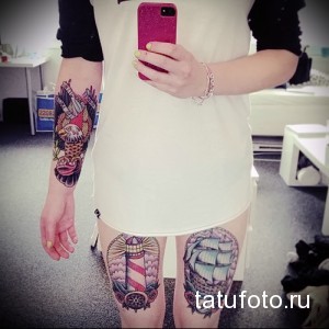 Фото тату на бедрах и предплечье: орел, маяк, парусник в стиле олдскул. Яркие цвета, детальная проработка.