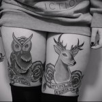 татуировка олень и сова на ногу для девушки