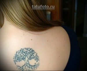 Фото тату дерева жизни, заключенного в круг. Изображение выполнено в синих тонах, выглядит нежно и изящно. Эскиз татуировки символизирует гармонию и связь с природой.