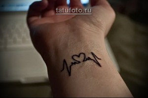 Фото тату: чёрно-белая татуировка в виде кардиограммы с сердечком вместо одной из волн. Нежный рисунок татуировки на запястье для девушек.