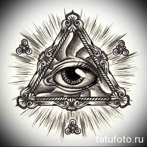 Черно-белое фото детализированного эскиза тату с изображением всевидящего ока в треугольнике, окруженного сложным орнаментом и лучами света.