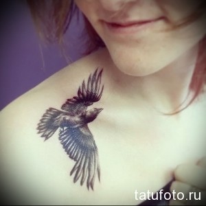 Фото нежной татуировки ворона в полете на ключице девушки. Рисунок выполнен в черно-белой гамме с акцентом на легкость и воздушность.
