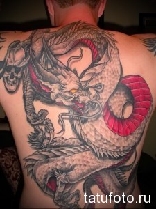 Фото тату дракона и черепа на мужской спине. Детализированный черно-серый рисунок, демонстрирующий мастерство тату-искусства и символизм.