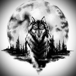 татуировка волк и полная луна на фоне леса