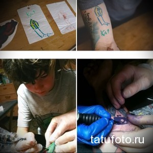 Фото процесса создания татуировки по детскому рисунку: эскиз на бумаге, татуировка на руке и работа мастера.