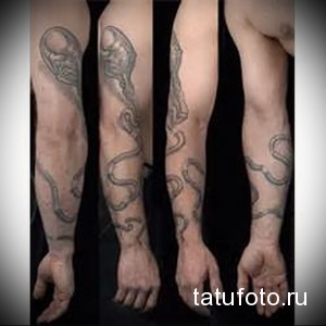 Фото тату кельтского узора змеи, обвивающегося вокруг руки. Черно-серый рисунок с детальной проработкой линий и элементов.