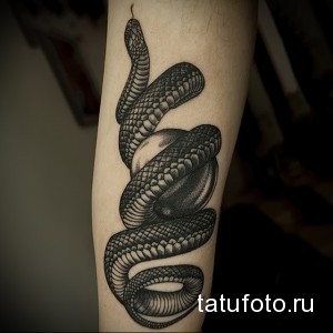 Фото тату змеи, обвивающей яйцо на руке. Черно-серая татуировка, выполненная в реалистичном стиле.