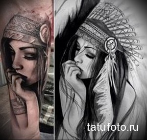 Фото эскиза татуировки: портрет девушки в индейском головном уборе, выполненный в черно-белой гамме. Детализированная проработка перьев и лица.
