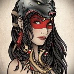 татуировка девушка индеец со шкурой волка