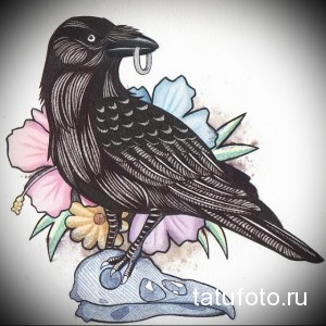 Фото тату: Эскиз татуировки с изображением ворона, сидящего на человеческом черепе, окруженного цветами. Яркий и детализированный рисунок.