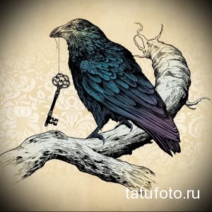 Фото тату: Эскиз татуировки с изображением ворона, держащего в клюве старинный ключ, сидящего на ветке дерева. Детализированный рисунок.