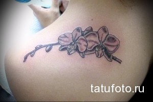 Фото тату орхидеи на плече. Лаконичный рисунок татуировки в технике blackwork с четкими линиями и детальной проработкой. Идеальный эскиз тату для ценителей минимализма.