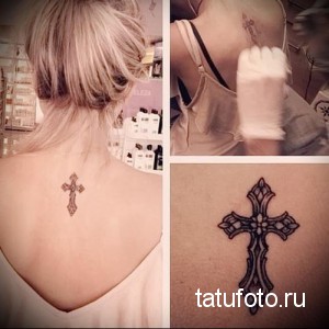 Фото тату креста на затылке. Детализированный рисунок татуировки с использованием теней и узоров.
