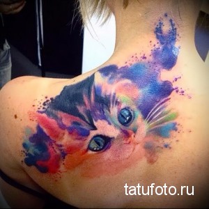 Фото тату акварельного кота на лопатке. Нежные переходы цветов, реалистичные глаза, брызги краски. Идея для женской татуировки.