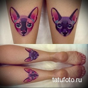 Фото тату сфинксов на голенях. Два реалистичных рисунка кошек породы сфинкс с большими глазами и морщинистой кожей.