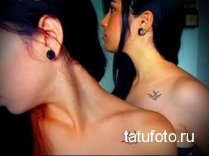 Фото парных татуировок ласточек на шеях двух девушек. Небольшие черно-белые рисунки татуировки в минималистичном стиле с акцентом на изящные линии.