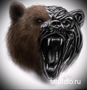 Фото тату головы медведя в стиле dark realism. Изображение разделено на две части: одна - реалистичная, другая - стилизованная под скелет.