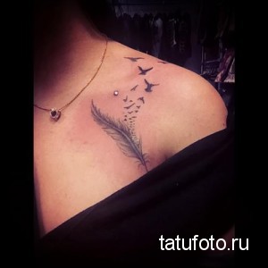 Фото тату: перо и летящие птицы, выполненные в черном цвете на ключице. Элегантный и символичный рисунок татуировки.