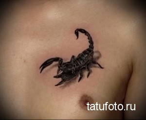 Фото реалистичной татуировки скорпиона на груди. Детализированный рисунок с проработкой текстуры панциря и клешней. Подходит для тех, кто ценит качество и выразительность.