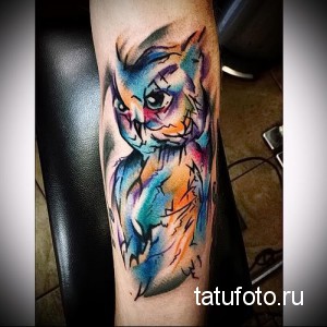 Фото тату совы, выполненной в технике акварели, расположенной на предплечье. Рисунок сочетает в себе яркие цвета и плавные переходы.
