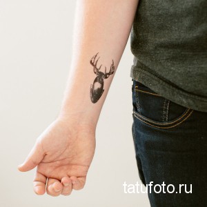 Фото миниатюрной татуировки оленя на запястье, выполненной в реалистичном стиле. Рисунок выглядит изящно и аккуратно.