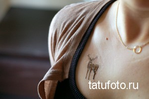 Фото тату на ключице: маленькая татуировка с изображением оленя, выполненная в минималистичном стиле.