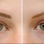 Фотография демонстрирует коррекцию бровей с помощью перманентного макияжа. Слева - брови до процедуры, справа - после, с более четкой и выразительной формой.