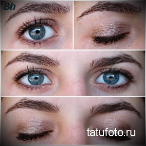 Фотография демонстрирует различные ракурсы перманентного макияжа век, подчеркивающие красоту глаз.