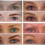 Коллаж из восьми фотографий, демонстрирующий процесс и результат перманентного макияжа бровей и век. До и после.