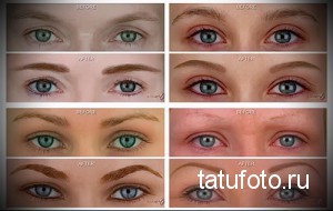 Коллаж из восьми фотографий, демонстрирующий процесс и результат перманентного макияжа бровей и век. До и после.