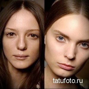 Фотография, демонстрирующая результат перманентного макияжа бровей. Слева - брови до процедуры, справа - после.
