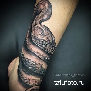 Фото черно-серой татуировки змеи, обвивающей руку. Детализированный рисунок с реалистичной текстурой чешуи.
