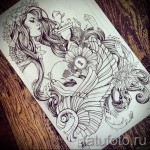 красивая девушка - череп - песочные часы и крылья - ТАТУ РУКАВА ЭСКИЗ