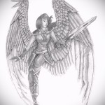 Эскиз тату ангел - девушка в доспехах и с оружием