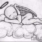 Эскиз тату ангел - младенец на облаках